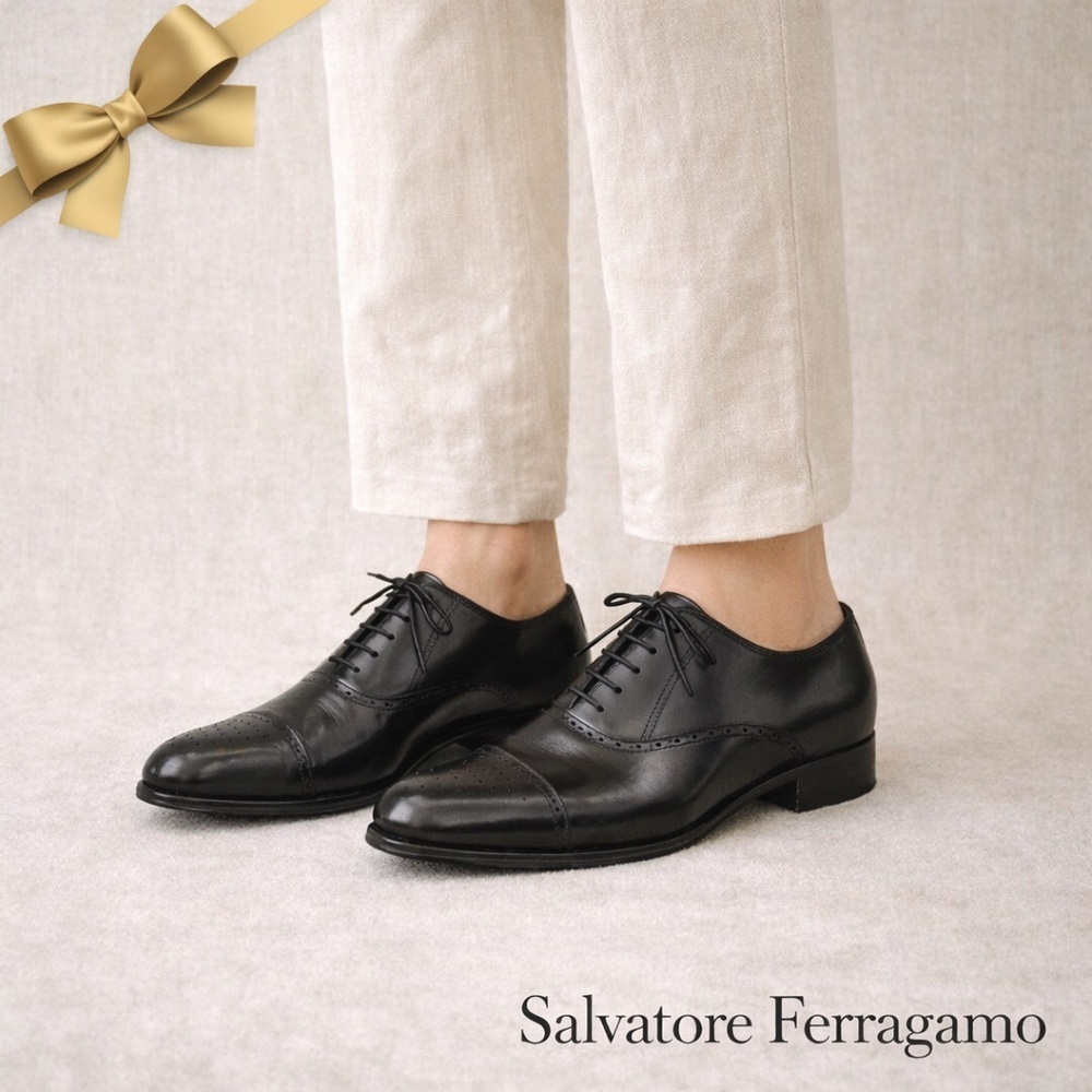Ferragamo Black Leather Oxford Shoes 9D Made in Italy E7453